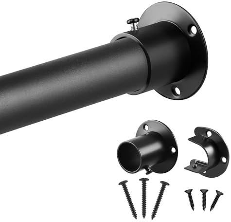 Black Wardrobe Rail and Fittings,32mm Heavy Duty Telescopic Clothes Rail,74-190cm Extendable Poles with Sockets and Screws For Hanging Clothes