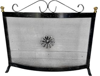 Parascintille per Camino Curvo in Ferro, 60x46 cm,Parafuoco con Pomelli in Ottone Made in Italy