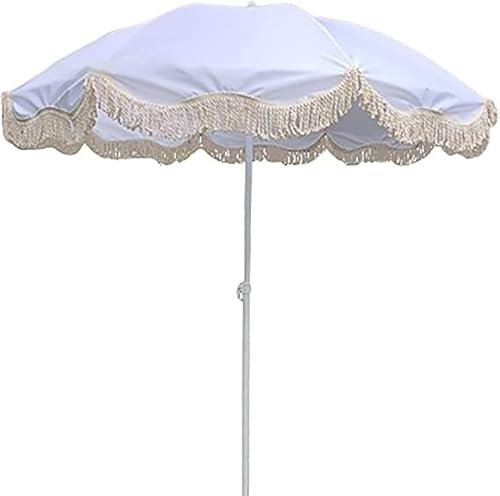Luxuriöser Gartenschirm mit Fransen und UV50+ Schutz, Retro-Design, strapazierfähige Polyester-Oberfläche, 2 m Strandschirm, weiß