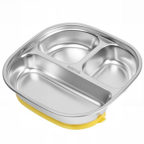 Vicloon Platos de Acero Inoxidable, Antideslizantes Platos con Ventosas, Platos Divididos con 3 Compartimentos, sin BPA, Apto para Lavavajillas (Cuadrado)