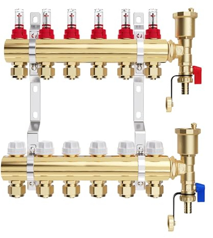 VANCOCO Heizkreisverteiler Messing 6 Heizkreise Fußbodenheizung | Verteiler mit Eurokonus 16×2 mm, Durchflussmesser & Schnellentlüfter Set