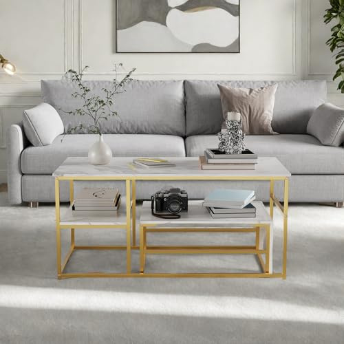 Aneutr Couchtisch 2er Set aus Holz, Beistelltisch Marmor Optik mit Metallrahmen, Modern Rechteckig Wohnzimmertisch mit Stauraum, Sofatisch Kaffeetisch (Gold+Weiß, 105x52x48.5)