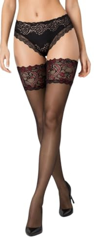 JUST BEAUTY TOUCH Deep Lace Top Contrast Hold Ups - Hold Up Stockings for Women - 20 Denier Thigh High with Double Silicone Stay-Up Bands – Sheer Black & Visone Nude – Sizes S/M, M/L, XL/2XL, 3XL/4XL