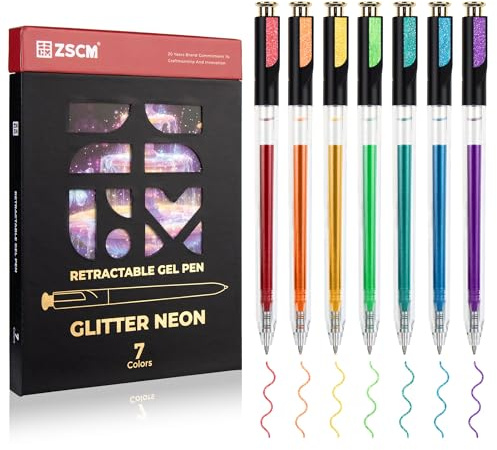 Retractable Glitter Neon Pens, 7 Colors Large Capacity UV Reactive Sparkle Gel Ink Pens for Adult Coloring, 1.0 mm Fine Point Smooth Writing Color Pen for UV Art Note Taking Aesthetic Art Supplies