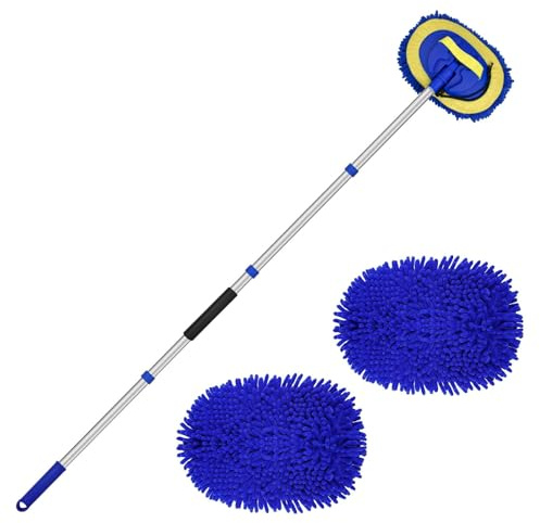 Ravytha Azul Cepillo Limpieza Coche, Cepillo Lavar Coche con Mango Telescópico, Juego de Cepillos de Lavado de Coche con 2 Cabezal de Repuesto, Mopa de Lavado de Coche para Camiones, SUV(157cm)