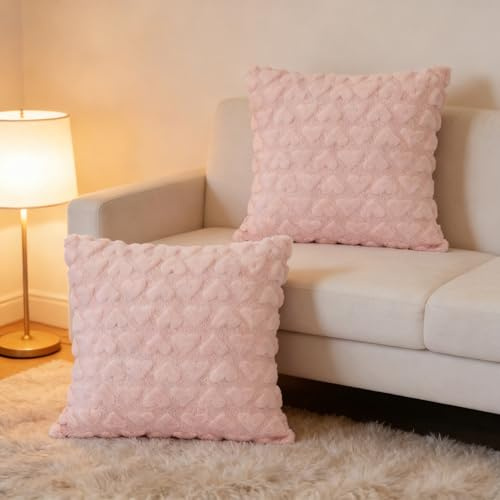 Kissen Rosa, 2 Stück Herz Kissenbezüge 45x45 cm, Flauschige Kissenhüllen für Romantische Schlafzimmer Dekoration, Süße Kissen Pink (Rosa)
