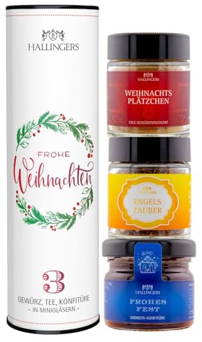Hallingers Genuss Manufaktur Feinkost Weihnachts-Geschenk-Set - 3 Minigläser in edler Geschenkdose Frohe Weihnachten veganes Mitbringsel Tee, Konfitüre & Gewürz, Weihnachten für Frauen Männer