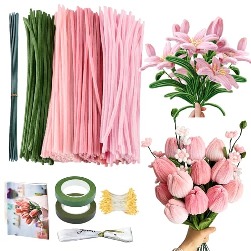 PEAPIN 400 Pcs Pipe Cleaners for Craft Flowers, Chenille Stems DIY Kit | Pink and green 30cm fuzzy sticks for tulip bouquets, floral arrangements, arts crafts and parent-child activities