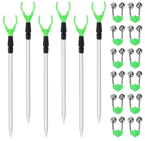 Lot de 6 supports extensibles pour canne à pêche au sol, supports réglables avec 12 clochettes d'alarme télescopiques pour rive, sable, plage