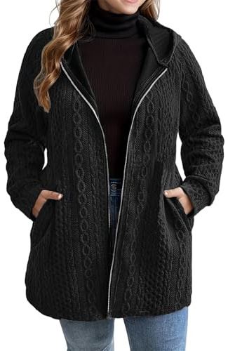Huvtröjor med hel dragkedja för kvinnor jackor överdimensionerad slouchy kabelstickad cardigan kappa höst vinter långärmad solid ytterkläder med huva, Svart, 5XL