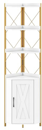 GIANTEX Estantería de Esquina 6 Niveles, Mueble de Almacenamiento con 4 Estantes Abiertos y 1 Puerta, Estructura en X Estable, Kit Antivuelco, 38x38x180cm, Librería para Salón, Dormitorio (Blanco)