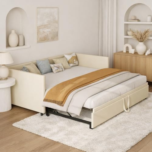 Hoscullo Schlafcouch 90/180x200 cm, Polsterbett Tagesbett mit Ausziehbett, Schlafsofa mit Bettfunktion und Lattenrost, Platzsparendes Schlafsofa für Wohnzimmer Gästezimmer, Samt (Beige)