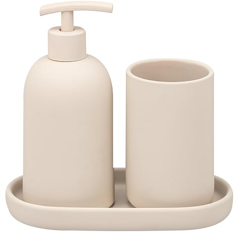 eluno Badrumsset Cerano med mjuk touch yta, badrumstillbehör set 3 delar. bestående av 1 x tvåldispenser, 1 x kopp och 1 x skål, perfekt för badrum, gästtoalett och kök av keramik (beige)