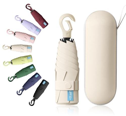 Detontek 6 Ribs Mini Travel Umbrella, Mini Folding Umbrella, Small Umbrella, Pocket Umbrella, Umbrella With Buckle Handle, Dual Purpose, With Storage Box (Beige)