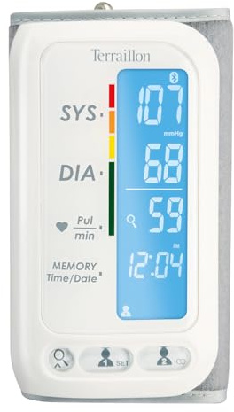 Terraillon Arm-Blutdruckmessgerät, Mit Smartphone/Tablet verbindbar, Zur Berechnung des Blutdrucks und der Herzfrequenz, 2 Benutzer, 60 Speicherplätze, Bluetooth Smart, TensioSmart, Weiß | LCD-Display 86 x 24 mm, Blutdruck, Herzfrequenz, Farbindikatoren, 2 Profile, 60 Speicherplätze, Maße: Manschette 22-32 cm
