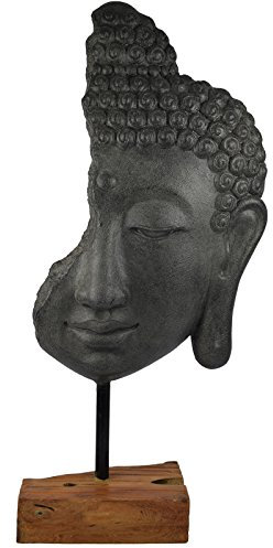 My-goodbuy24 XXL Deko Buddha Kopf auf Holz Sockel 69cm grau | Buddha-Figur für Wohnung - Statue Wohnaccessoire Skulptur Feng Shui Dekoration - Polyresin (Kunststein) - Unikat