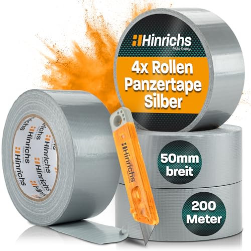 Hinrichs Panzertape silber - 4 Rollen 50m x 50mm Gewebeband - extra starkes Klebeband - wasserdichtes Panzerband - breites Gewebeklebeband grau - power Duct Tape für Innen und Außen