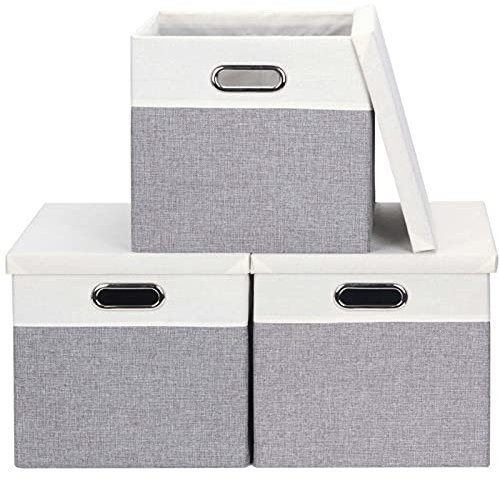 Febzoce Aufbewahrungsbox mit Deckel Faltbarer Stoff Aufbewahrungswürfel Korb Mülleimer Hellgrau/Weiß, Quadratisch, 30 x 30 x 30 cm, 3 Stück