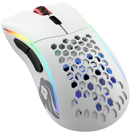 Glorious Gaming Model D- (Små) Wireless – gamingmus, superlätt, 67 g, honungskakedesign, RGB, ergonomisk, laggfri 2,4 GHz-anslutning, upp till 71 timmars batteritid – Matt vit