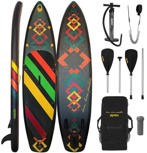 ALPIDEX Stand Up Paddle Set SUP 320 x 76 x 15 cm max. belastbar bis 200 kg Aufblasbar Stabil Leicht Komplett Set Tragetasche Paddel Finnen Luftpumpe Leash Repair Kit, Farbe:Black