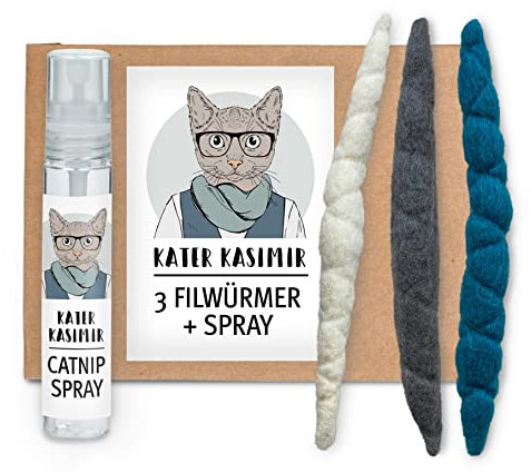 Katzenminze Spray + 3 handgerollte Filzwürmchen aus Schurwolle. Von Hand und mit Liebe in Deutschland gefertigtes Katzenspielzeug
