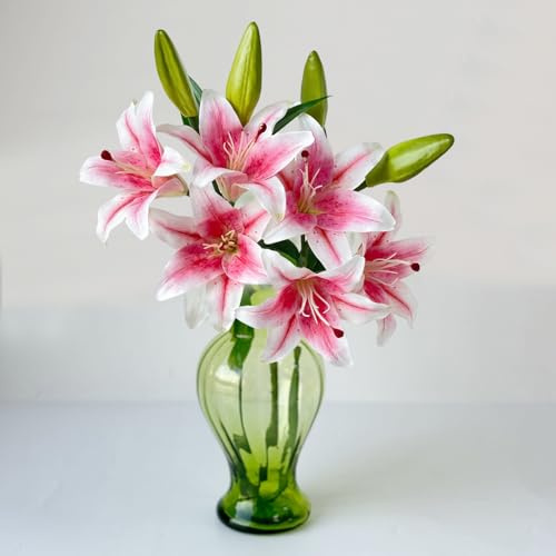 Yalzone 2 Pcs 28 inch Pink Artificial Lily Flowers Fake Real Touch Lily 3 Heads 2 Buds Pink Flowers Artificial Faux Lily for Home Office Decor Wedding Bouquet Decoration Table Centerpiece (W045)