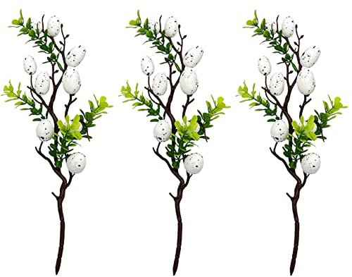 YQYAZL 3 st påskdekoration äggträdgren, konstgjord påskgren med färgglada ägg och gröna blad för hem påskvas bordsdekoration gåvor/vit
