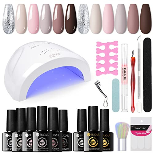 UR SUGAR Set Starterset mit Lampe 48W, 6 Farben Nudefarben UV Nagellack Starterset Set Nagelset Gelnägel Starterset Base Gel Top Coat Matte Glänzend Gellack Set Geschenk für Damen