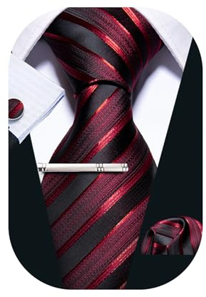 Barry.Wang Herren Krawatten-Set, gestreift, kariert, Seide, Einstecktuch, Manschettenknöpfe, Krawattenklammer, 4-teilig, klassisch, für Business, Hochzeit, Einheitsgröße