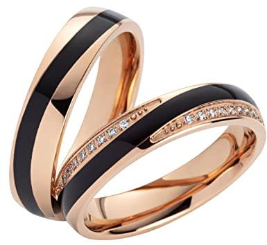 Paar Partnerringe & Eheringe aus Edelstahl – 5 mm Ringpaar mit schwarzer Emaille & Rosé-beschichtung, Zirkonia Ring freundschaftsringe - Trauring mit Gravur im Etui | 8018