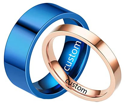 Homxi Partnerringe mit Gravur,Edelstahl Ringe Set 4/8MM Blau Rosegold Ring mit Rund Poliert Paar Eheringe Damen 49 (15.6) + Herren 65 (20.7)