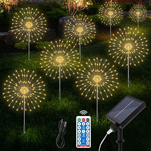 Aourow Luces Solares LED Exterior Jardin,8 Piezas Exterior Solares Fuegos Artificiales Luces con 8 Modos＆4 Niveles de Brillo,IP65 a Prueba de Agua Luz Solar Exterior para la Decoración Balcón Patio
