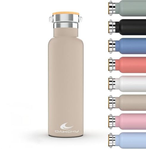 Daikoku Flaska, dubbelvägg termos i rostfritt stål, håller drycker varma eller kalla i timmar, två lock, beige, 1 L