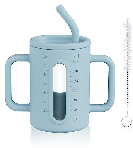 HOTUT Bicchiere per Bambini in Silicone Con Coperchio e Cannuccia, 210ml Tazza da Allenamento, 100% per Uso Alimentare, Con Spazzola per Pulizia