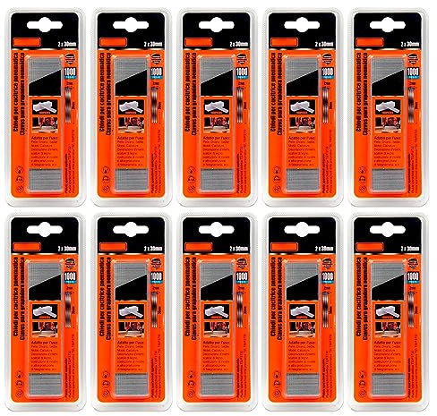 Tradineur - Pack de 10 blisters de 1000 Clavos para grapadoras neumáticas - Fabricado en hierro - Clavos de 2 x 30 mm