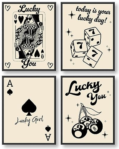 Lucky You Poster, Preppy Room Decor, Funky Black and White Queen Ace Cherry Poster for Room Aesthetic, Trendy Wall Decor for Teen Girls Gift Bedroom Bathroom (Set of 4, 8 x 10 In, ungerahmt)