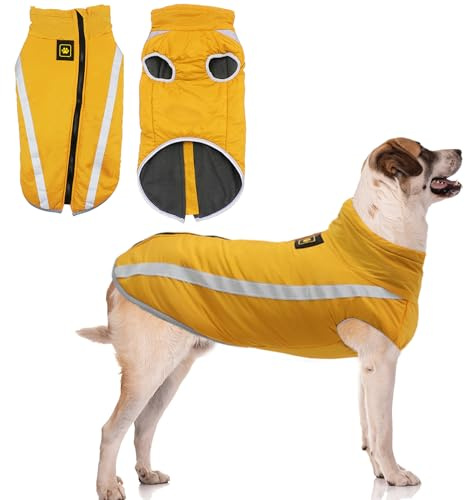 Hunde Winterjacke, Warme Hundejacke Mantel für Mittlere und Große Hunde Winter Wasserdicht Hundekleidung Reflektierende Fleece Welpen Outdoor-Mäntel für Labrador, Bulldogge, Samoye (5XL/60cm, Gelb)