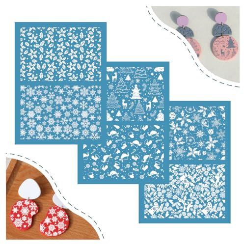 SALPPLEA 3 Stück Weihnachts-Siebdruck-Schablonen für Polymer-Ton, 16 x 11,9 cm, Weihnachtsmann-Schneeflocke, Polymer-Ton-Siebdruck, für DIY-Schmuckherstellung aus Polymer-Ton