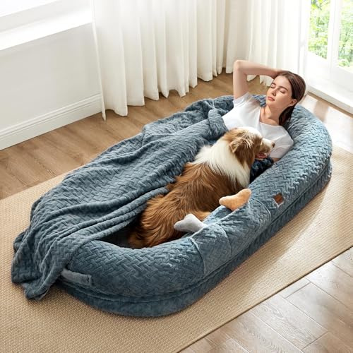 Human Dog Bed for Adult - Luxury Faux Fur Giant Size Dog Bed with Portable Handle, Egg Orthopedic Foam Bed with Blanket, 72x40x10, Grayish Blue