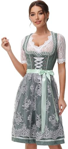 ELFIN Damen Midi Dirndl Elegante Trachtenkleid für Oktoberfest inkl. Spitzen Dirndlschürze, Edelgrün, 34