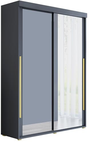Meble Slupia Kleiderschrank Schiebetüren Slim 2-150 x 202 x 46 cm - Schrank Schlafzimmer, Vorraum, Garderobe - Tür mit Zwei Spiegeln, Kleiderstange - Holzwerkstoff, Goldener Griff, Anthrazit