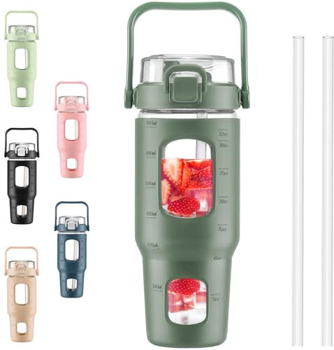 BLUEGO 960ml Glass Water Bottles with Straw Time Marker Half Gallon Large Motivational Water Bottle with Silicone Sleeve 0.96 Liter Large Glass Water Jug for Gym, Sports& Workout, Daily, 02 Olive