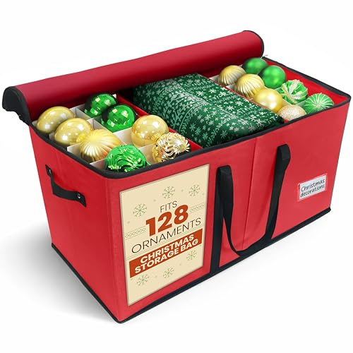 Pelle & Sol Christmas Bauble Storage Box - Ornament Storage with Dividers - Holds 128 Ornaments Christmas Decorations - Tear-Proof Fabric, Sturdy, & Multipurpose - Christmas Decoration Storage (Red)