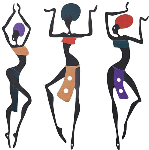 XIAOMAGG Wanddekorationen für Wohnzimmer, 3 Stück, Metall-Wandkunst, Flur, Dekor-Zubehör, maximalistische hängende Wanddekoration, afrikanisches Mädchen, ethnischer Tanzstil, Zeichnung (schwarze Dame)