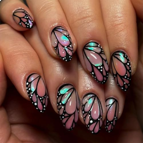 GlamRays 24 Stück Mandel Press On Nails, Mittel Press On Nails Mandelform Mit Schmetterlingsdesign 3D Klebe Nails