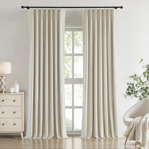 Vision Home Champagne Ivory Velvet Pinch Pleated Full Blackout Curtains Room Darkening Pleat Velvet Drapes 84 inch for Living Room Bedroom Thermal Insulated Window Panels with Hooks 40Wx84Lx2,Beige