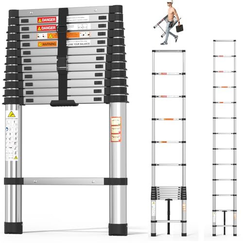3.8m Verdickte Teleskopleiter Erweiterbare 12.5ft Schritt Leitern Falten Werkstatt Loft DIY Edelstahl Teleskopleiter 330lbs Kapazität, stärker als Aluminiumleiter