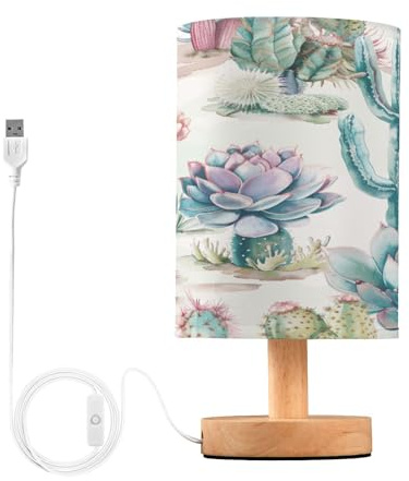 SKYSHU Lampada da comodino a forma di cactus, piccola lampada da scrivania a LED USB, con base in legno antiscivolo e paralume per soggiorno, camera da letto, dormitorio, casa, ufficio, decorazione