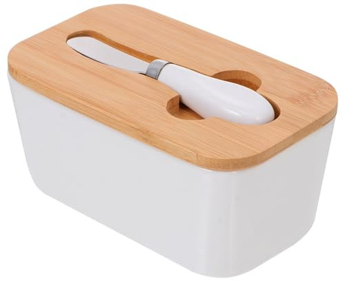 Ciieeo Caja mantequillera con tapa para encimera contenedor de mantequilla platos de mantequilla batidor de mantequilla maní plato de mantequilla soporte de mantequilla con cortador Bambú