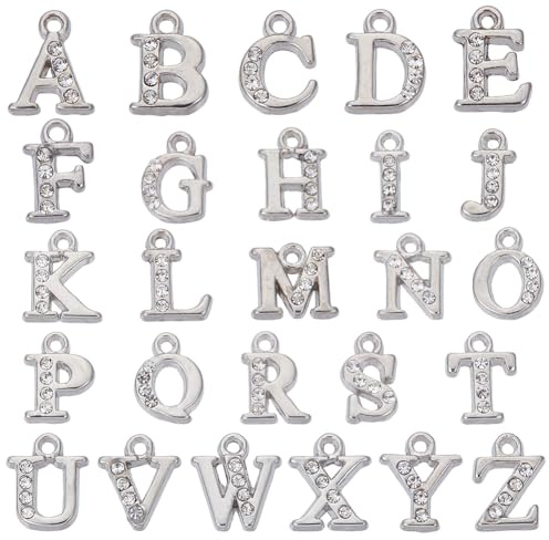 SUNNYCLUE 1 Scatola 52 Pezzi 26 Stili Strass Iniziale Ciondolo Argento Cristlega Alfabeto Ciondoli Lega di Metlega Sfuso dalla A alla Z Lettere Maiuscole Pendenti per La Creazione di Gioielli Collane